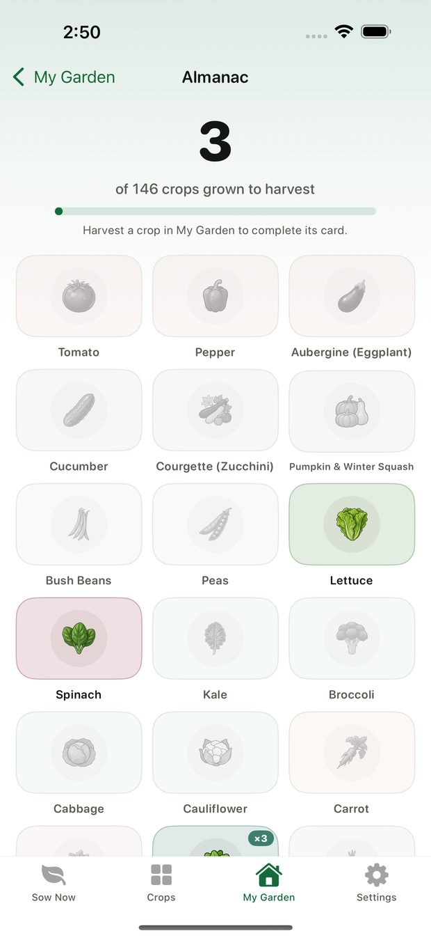 The almanac, a card for every crop grown to harvest