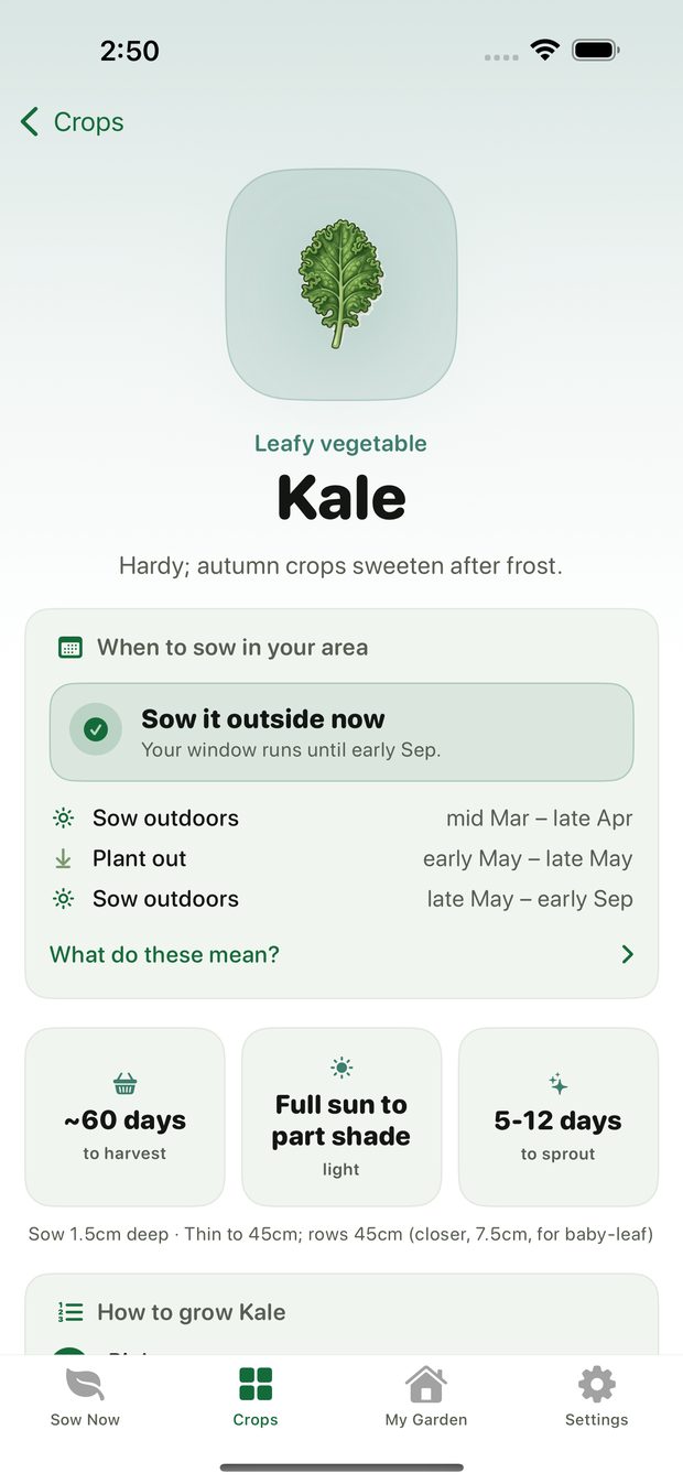 The kale page showing when to sow it in your area
