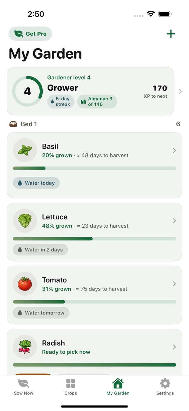 My Garden listing plantings with progress toward harvest