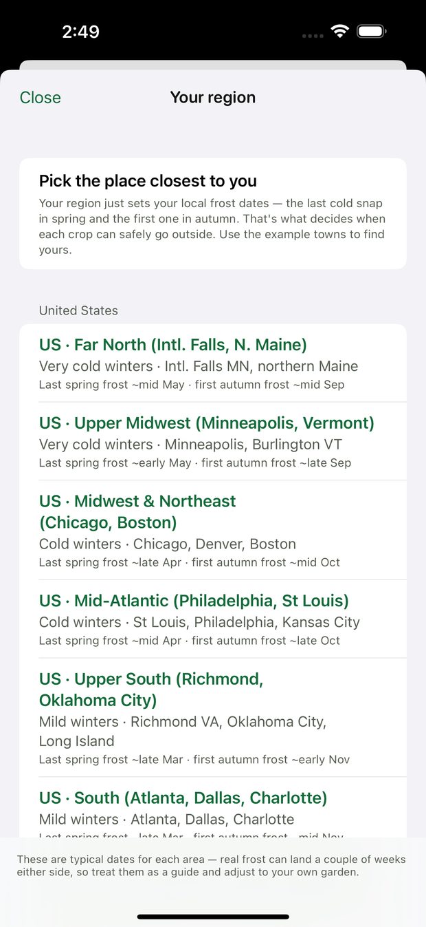The region list showing local frost dates for the UK and Ireland