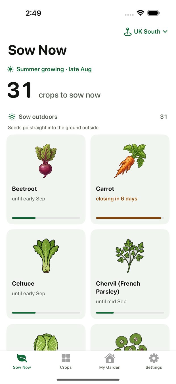 SeedSow's Sow Now screen listing the crops whose sowing window is open this week